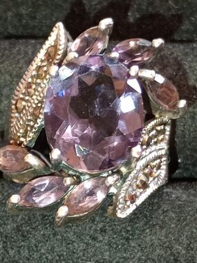 Vintage Sterling Silver Amythest Purple Crystal Ring Art Deco Style